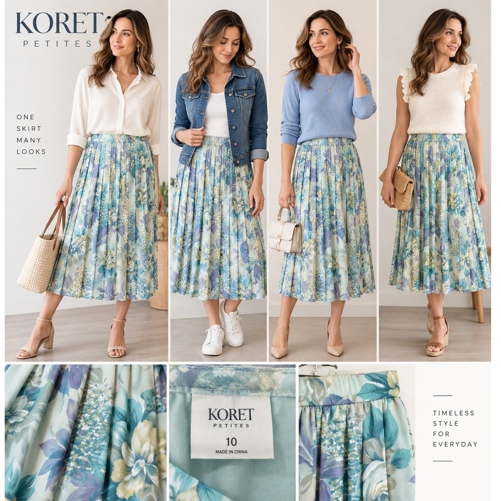 Koret Petites Women Skirt Floral Pleated Polyester Classic Casual Blue Size 10